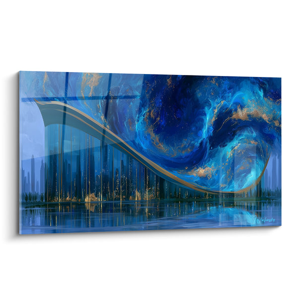 Cuadro Skyline azul y dorado bajo ola celeste - Tormenta celeste - Edición Arquitectura abstracta