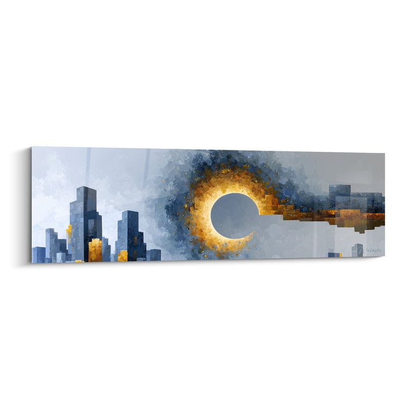 Golden Eclipse Blue and Anthracite Painting with Urban Panorama - Flaming Solar Halo - Abstract Architecture Edition