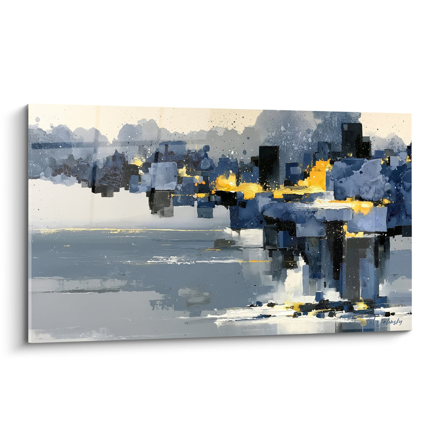 Leinwand Skyline blau und golden mit Tintenklecksen - Nebliger glitzernder Uferrand - Edition abstrakte Architektur