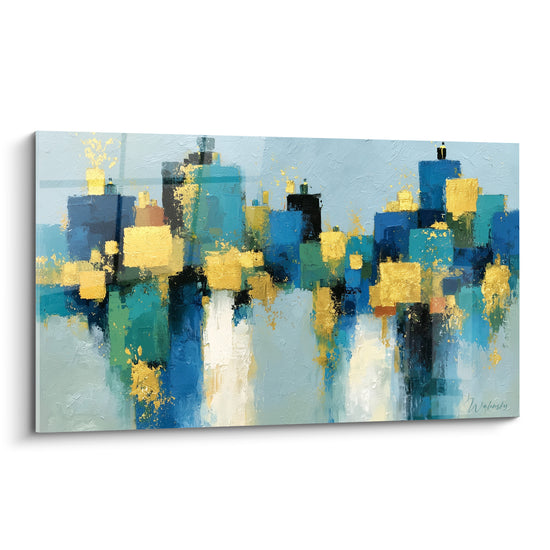 Skyline abstraite bleu marine et or, empâtements texturés, reflets dorés sur fond bleu ciel pâle