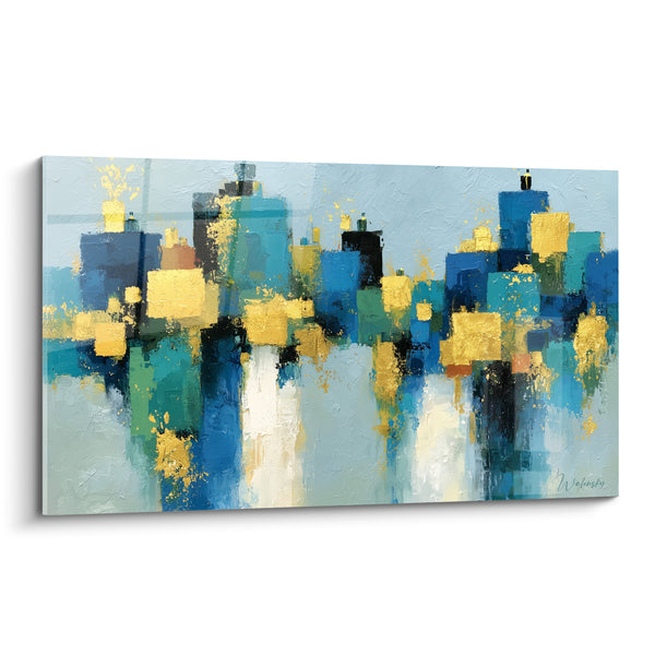 Cuadro Skyline azul y dorado con reflejos - Ciudad dorada - Edición Arquitectura abstracta