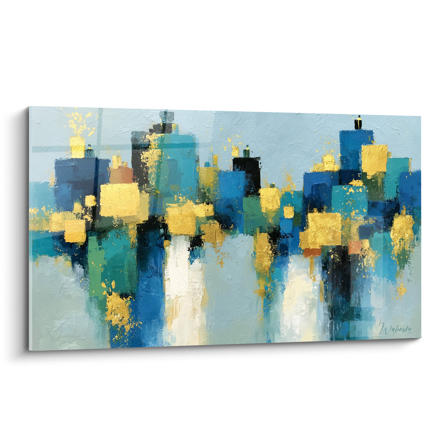 Tischbild Skyline blau und golden mit Reflexionen - Goldene Stadt - Edition Architektur Abstrakt