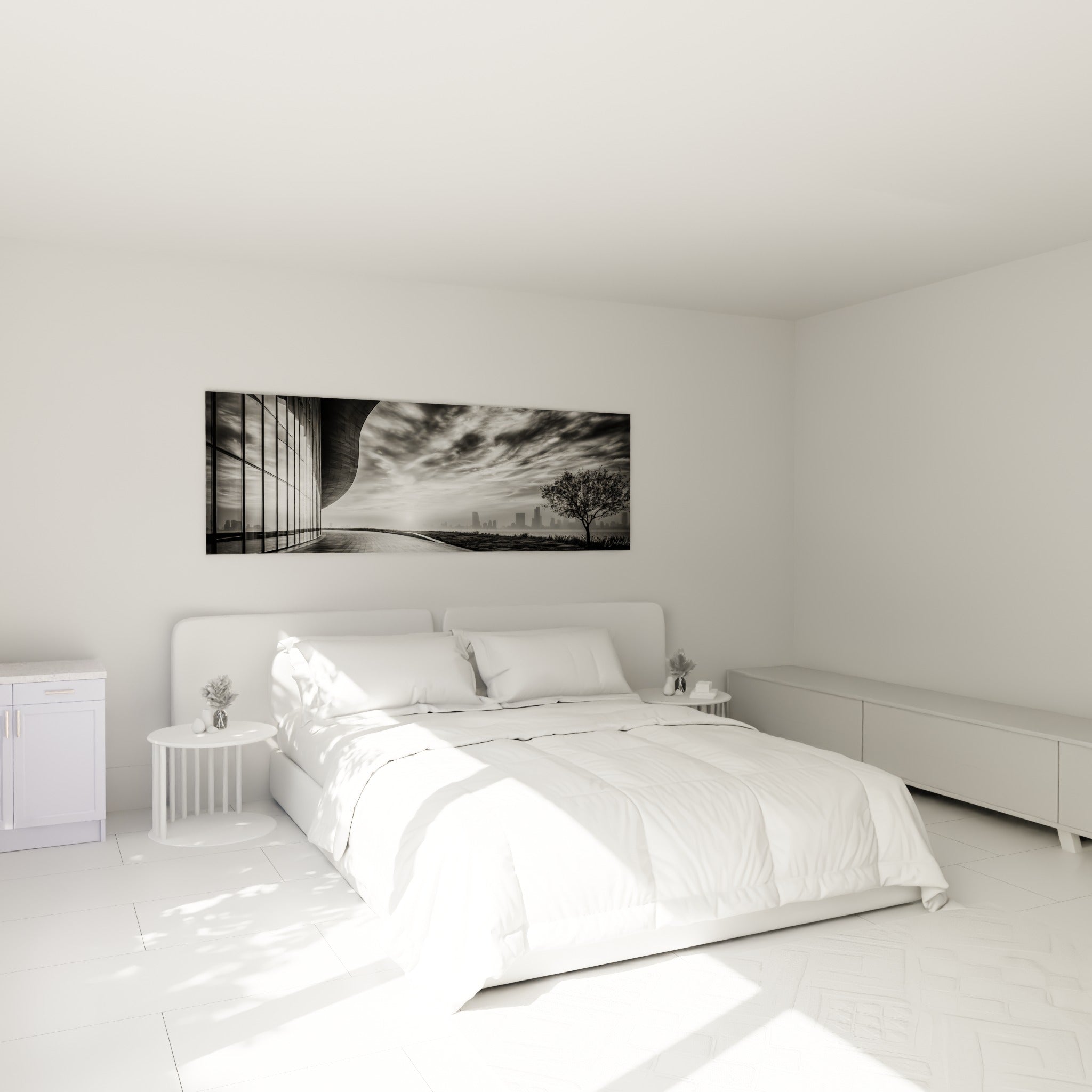 Bâtiment moderne noir et gris sous ciel dramatique, au-dessus d'un lit dans une chambre claire