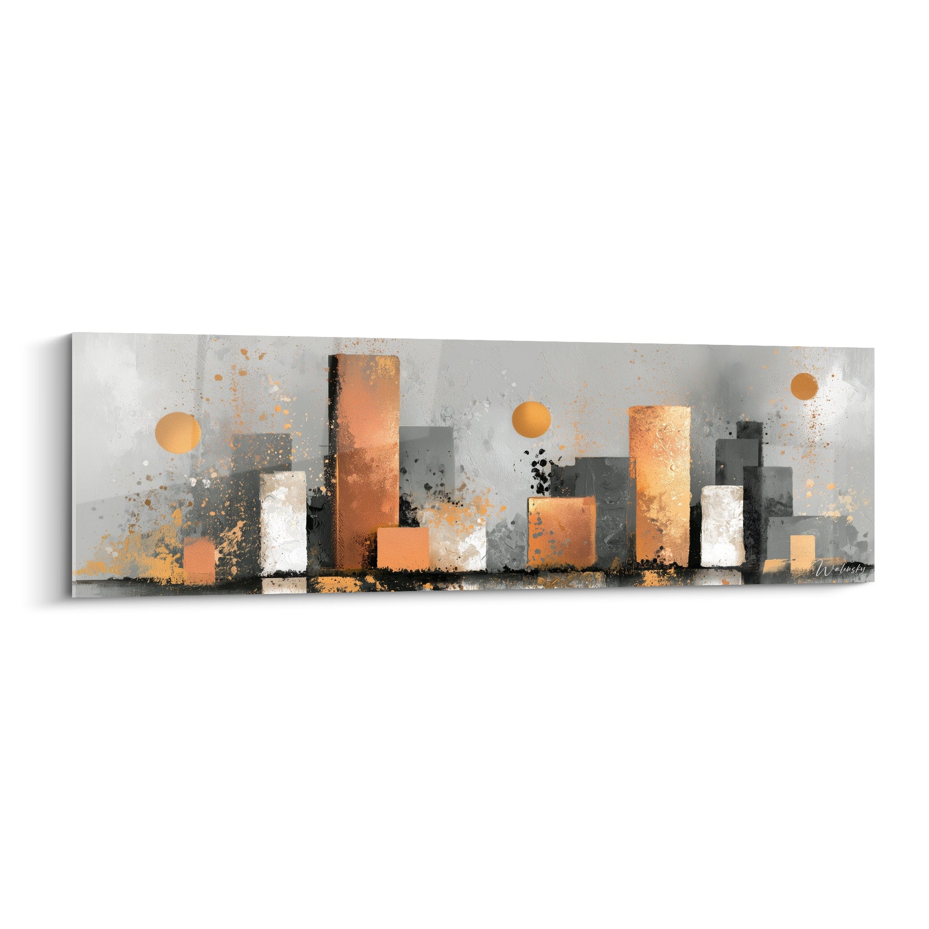 Skyline abstraite aux tours orange cuivré et gris anthracite, cercles dorés flottants sur fond texturé
