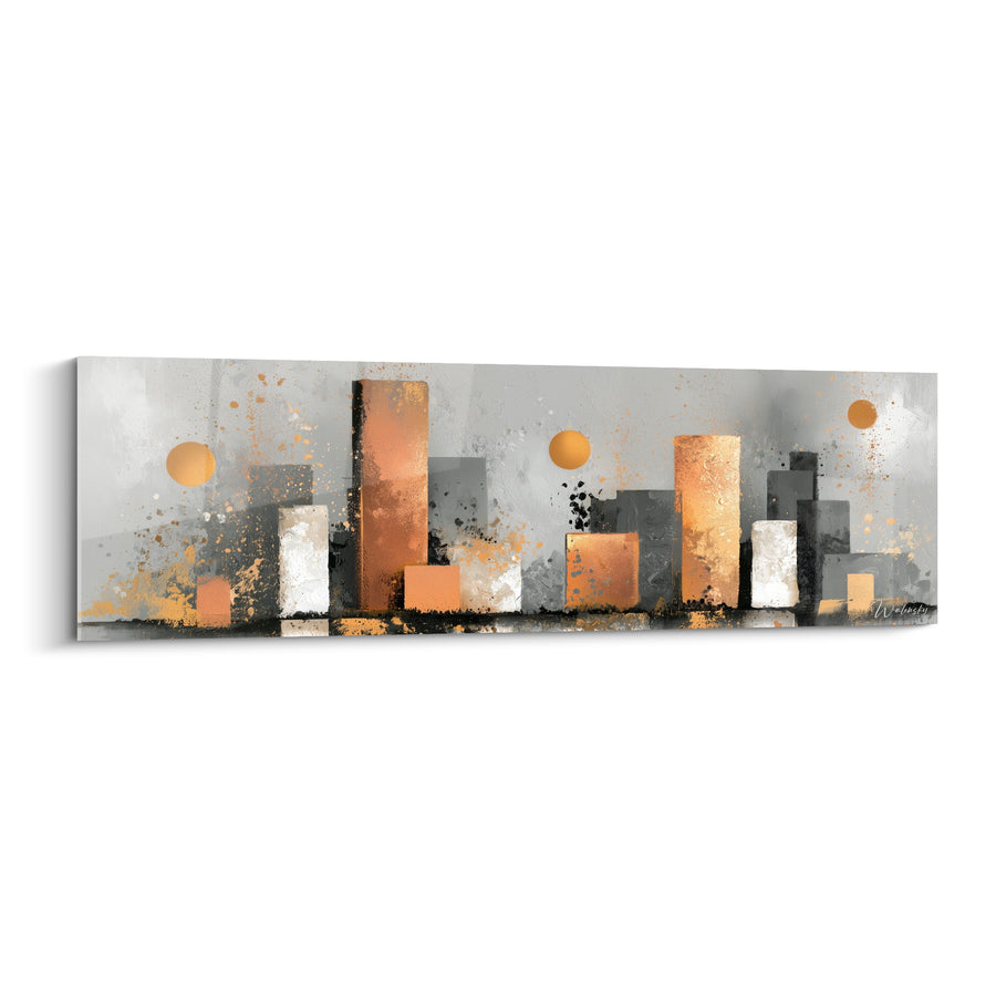 Tableau Gratte-ciel gris et cuivrés aux éclaboussures dorées - Lueurs métropolitaines - Edition Architecture abstrait