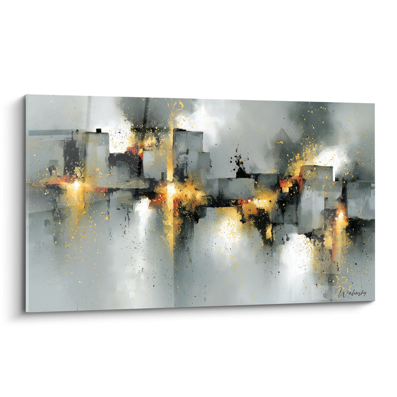 Leinwand Skyline grau und golden mit leuchtenden Akzenten - Urbanes Leuchten - Architektur Edition abstrakt