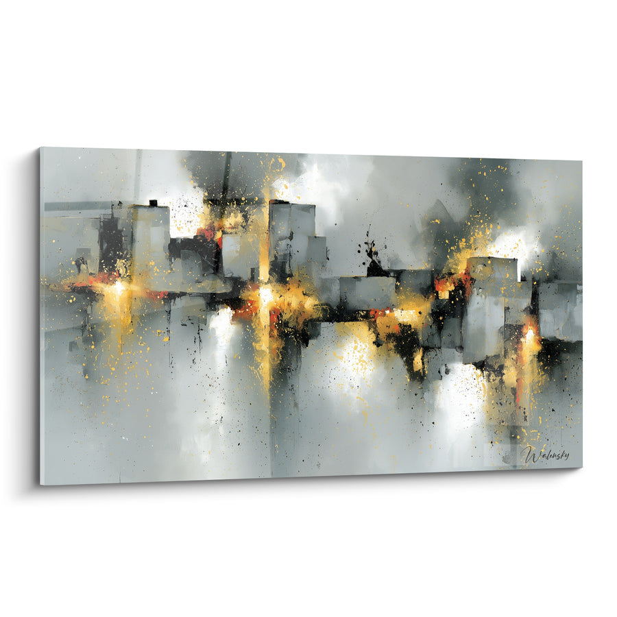 Leinwand Skyline grau und golden mit leuchtenden Akzenten - Urbanes Leuchten - Architektur Edition abstrakt