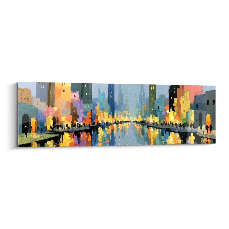 Tableau Skyline dorée et bleutée aux reflets nocturnes - Promenade nocturne - Edition Architecture abstrait