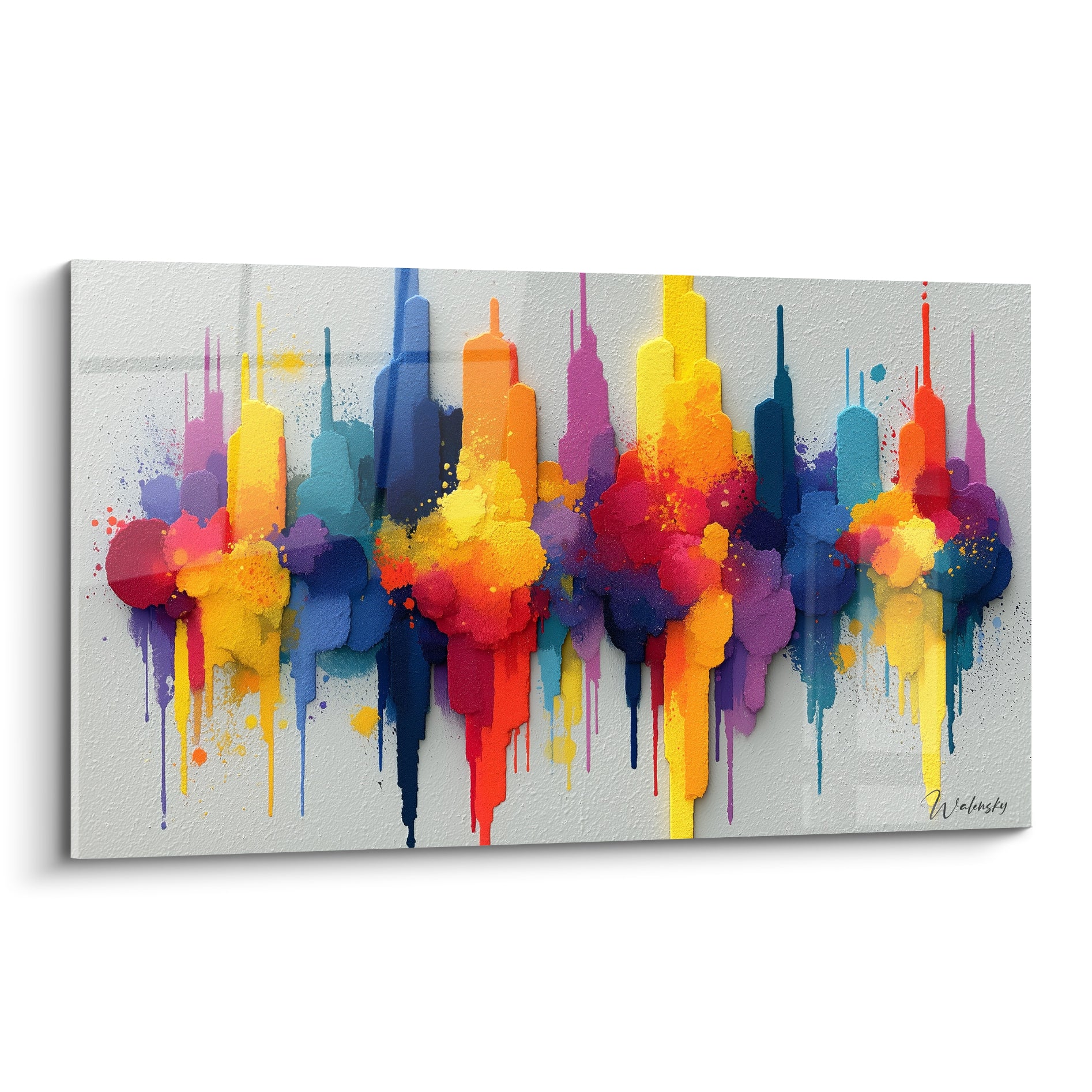 Skyline abstraite jaune vif et bleu marine en coulures de peinture sur fond gris clair