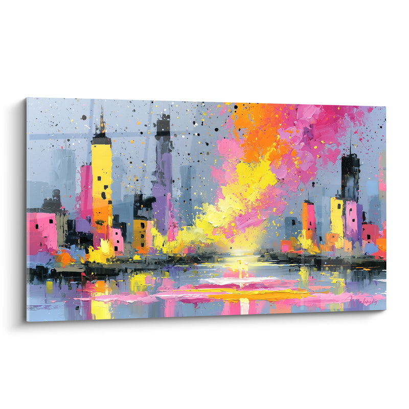 Leinwand Skyline gelb und rosa bei Sonnenuntergang - Strahlendes urbanes Erwachen - Edition abstrakte Architektur