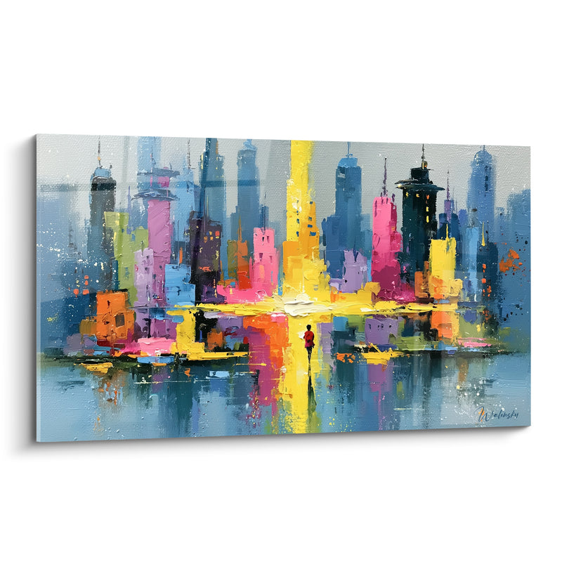 Leinwand Skyline reflektiert in leuchtendem Gelb und Pink - Schwebender Moment - Edition Abstrakte Architektur