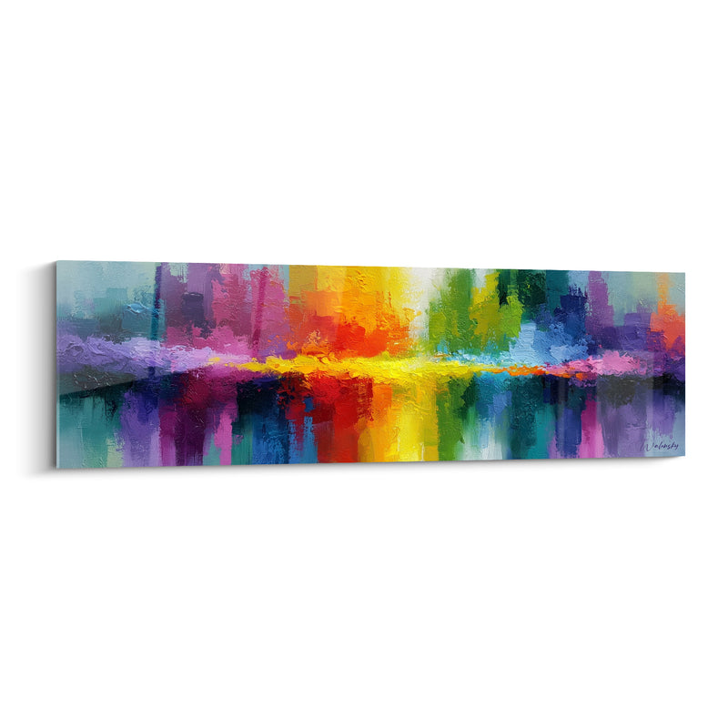 Tableau Skyline jaune et violet aux reflets multicolores - Embrasement chromatique vertical - Edition Architecture abstrait