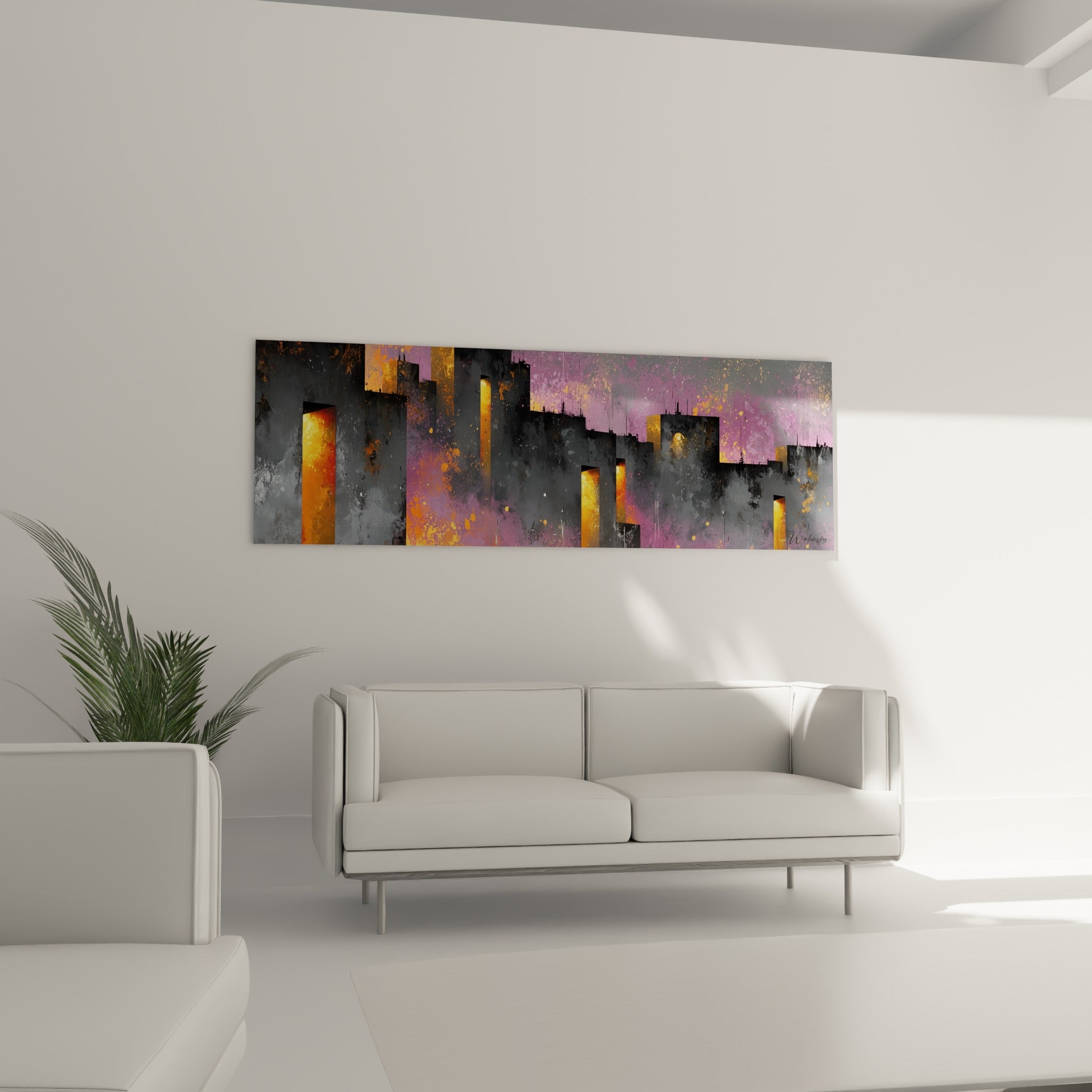 Skyline dorée et violette de ce tableau architecture abstrait au-dessus d'un canapé dans un salon lumineux