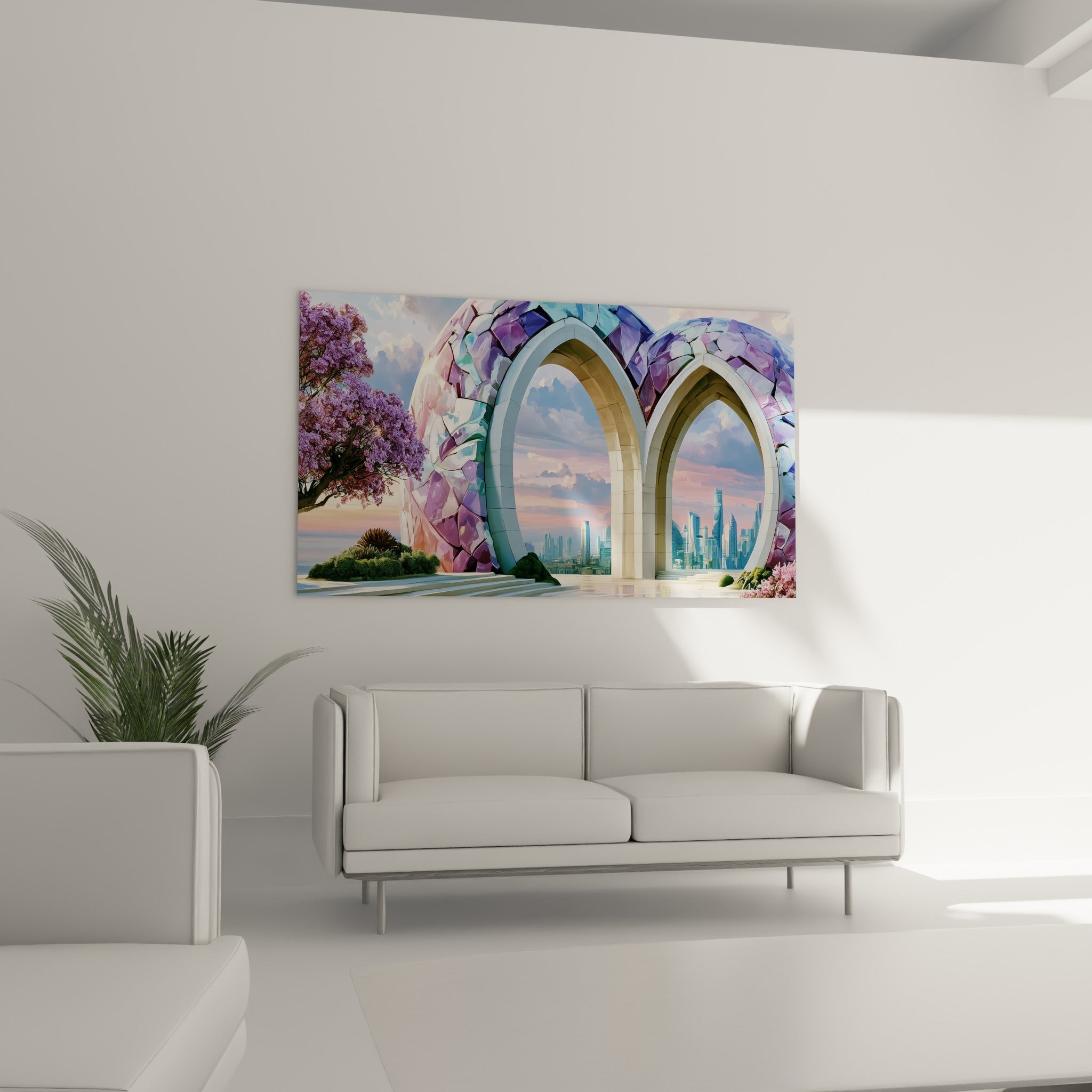 Arches fleuries mauve et turquoise vers une cité pastel, au-dessus d'un canapé dans un salon lumineux