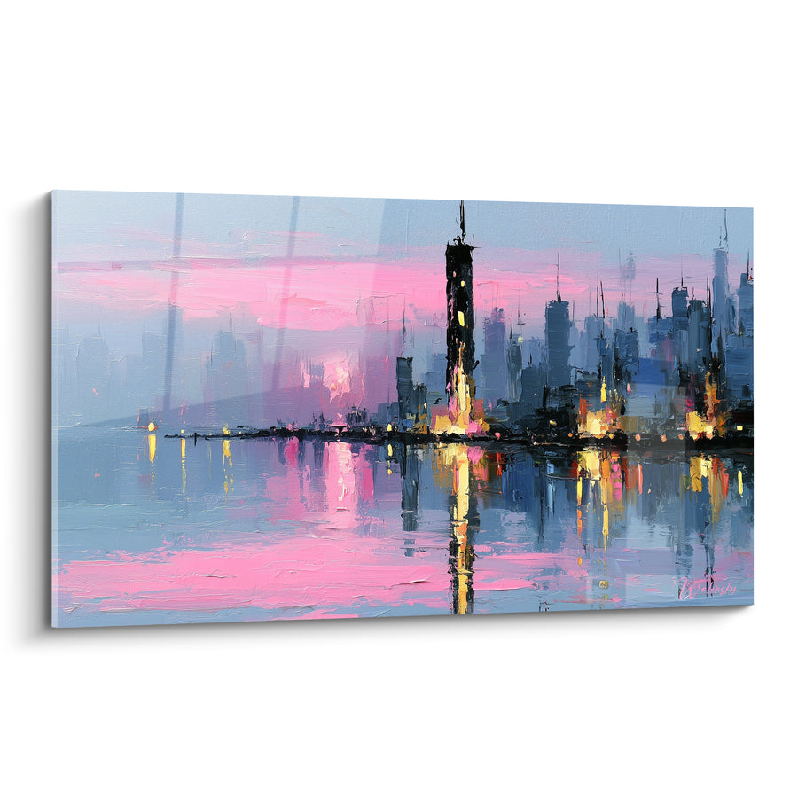 Leinwand Skyline rosa und blau mit beleuchtetem zentralem Turm - Reflexionen auf ruhigem Wasser - Edition abstrakte Architektur