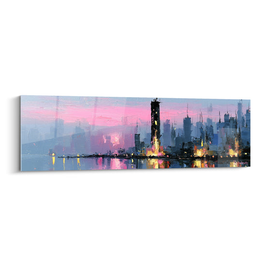 Skyline urbaine peinte en rose et bleu, tours illuminées, style architecture abstrait