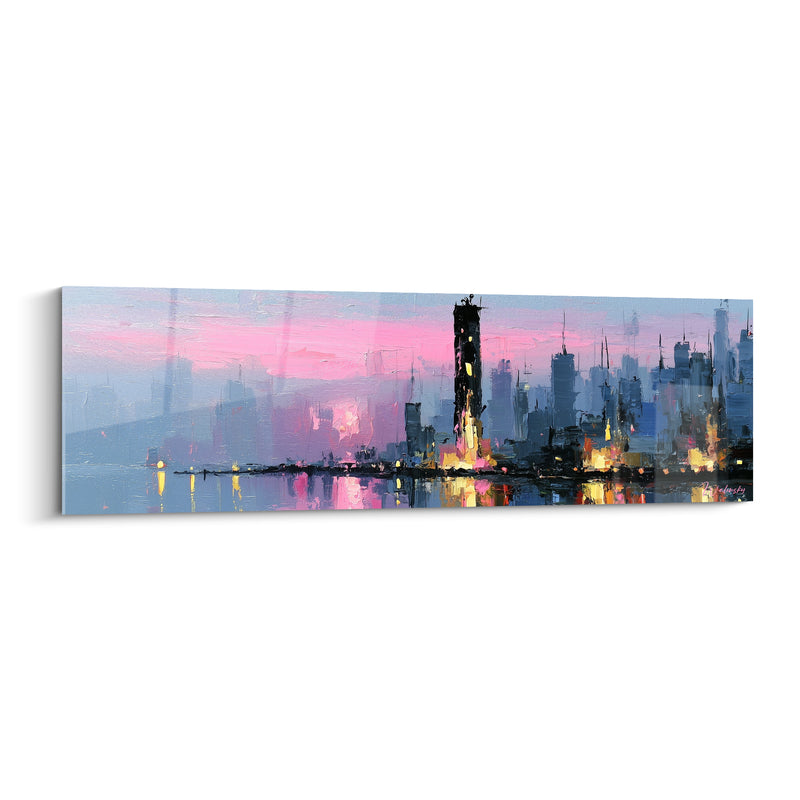 Urban Skyline Painting in Pink and Blue Tones - City Dusk - Abstract Architecture Edition