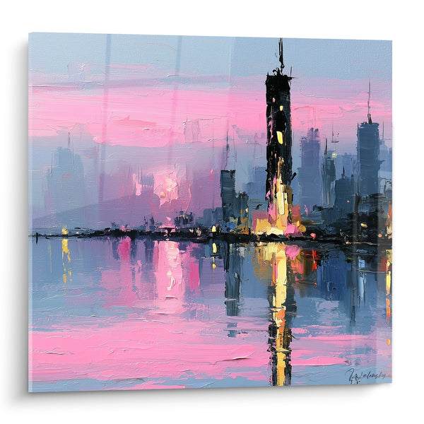 Cuadro Skyline rosa y azul al atardecer - Reflejos del crepúsculo - Edición Arquitectura abstracta
