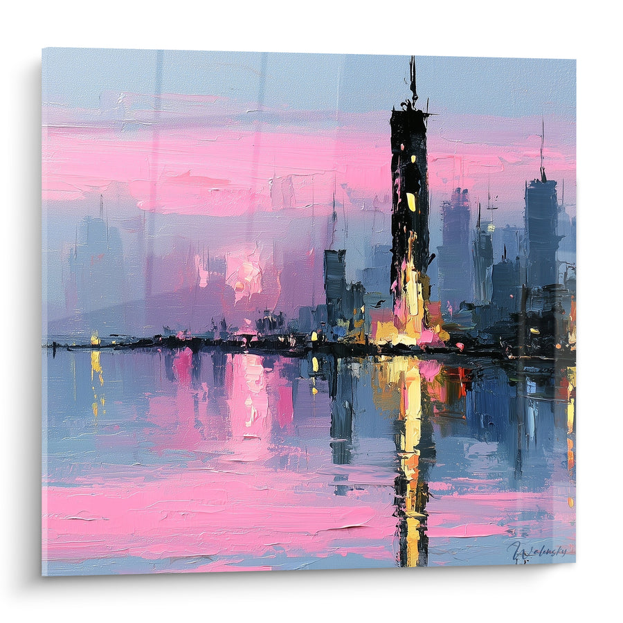 Leinwand Skyline rosa und blau bei Sonnenuntergang - Spiegelungen der Dämmerung - Edition Architektur abstrakt