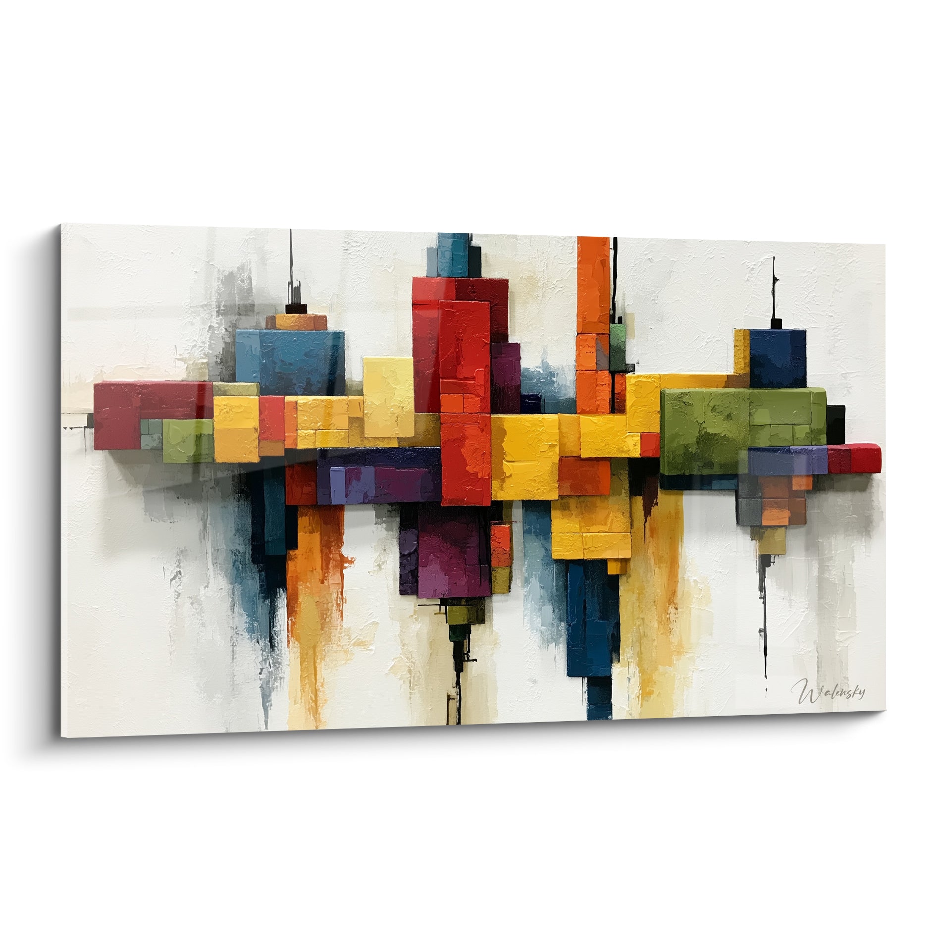 Skyline abstraite en blocs rouge, jaune ocre et bleu marine, empâtements épais sur fond blanc texturé
