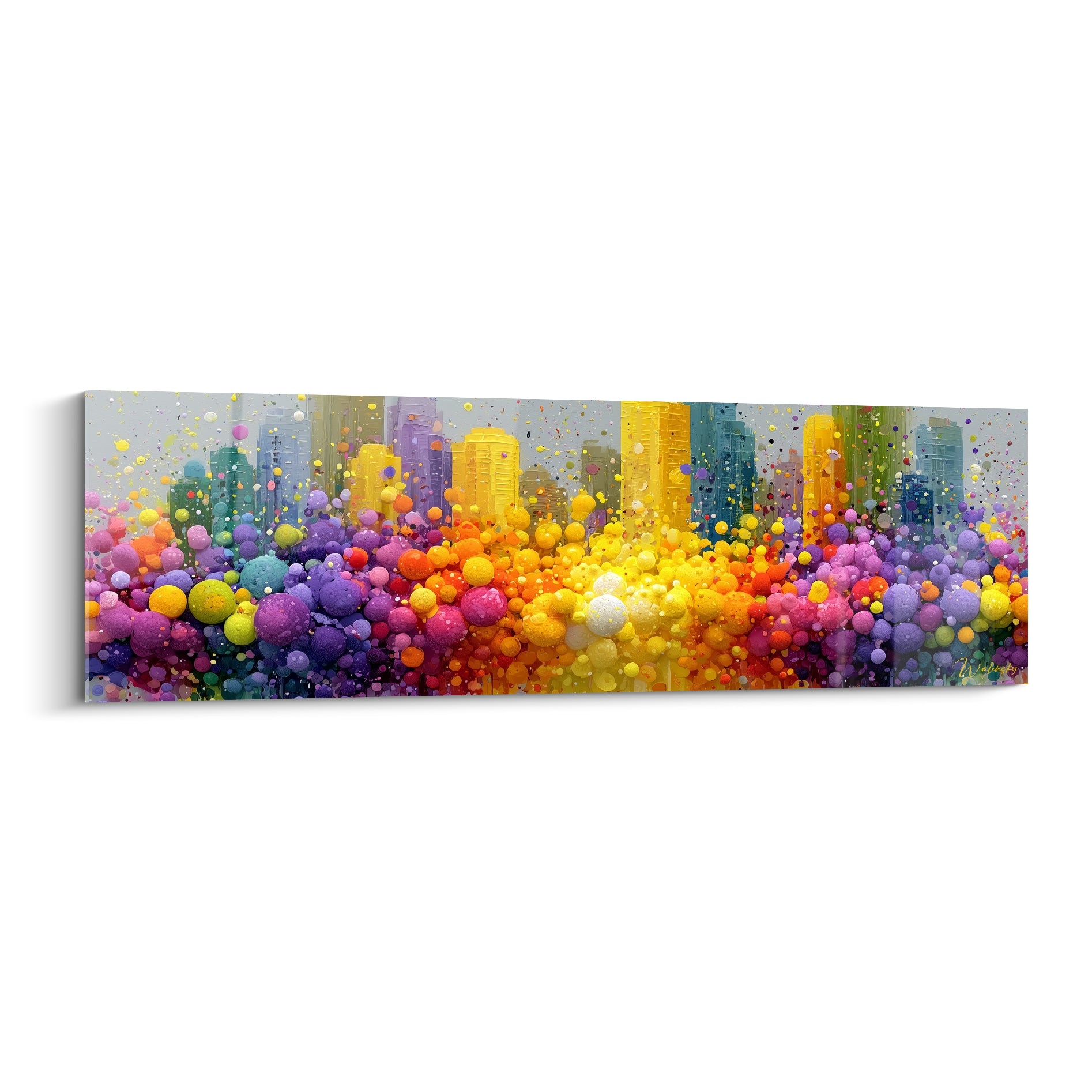 Tableau architecture abstrait : skyline mauve et jaune noyée sous des sphères colorées éclatantes