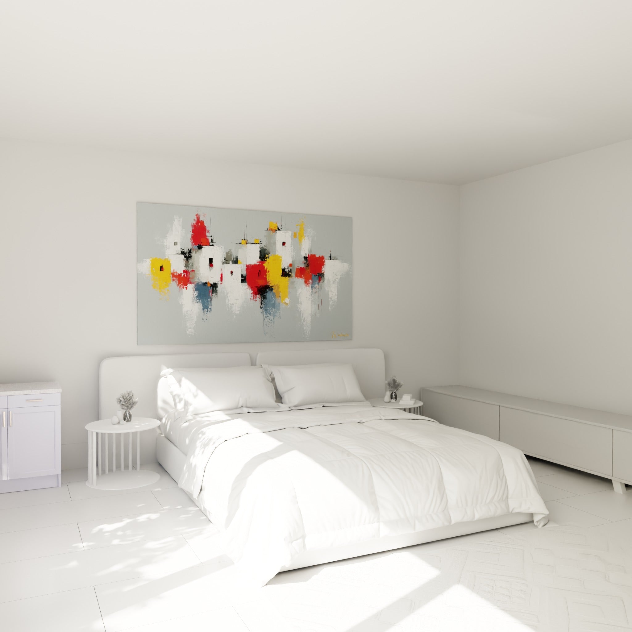 Composition urbaine architecture abstrait en rouge et jaune, au-dessus d'un lit dans une chambre claire