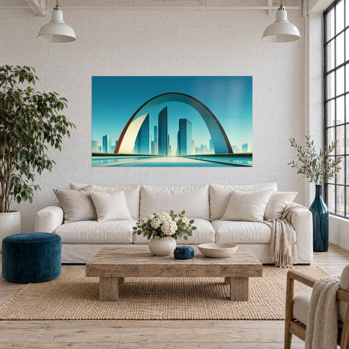 Tableau arche monumentale ocre et bleu cadrant des gratte-ciel vitrés, ciel turquoise, au-dessus d'un canapé dans un salon lumineux