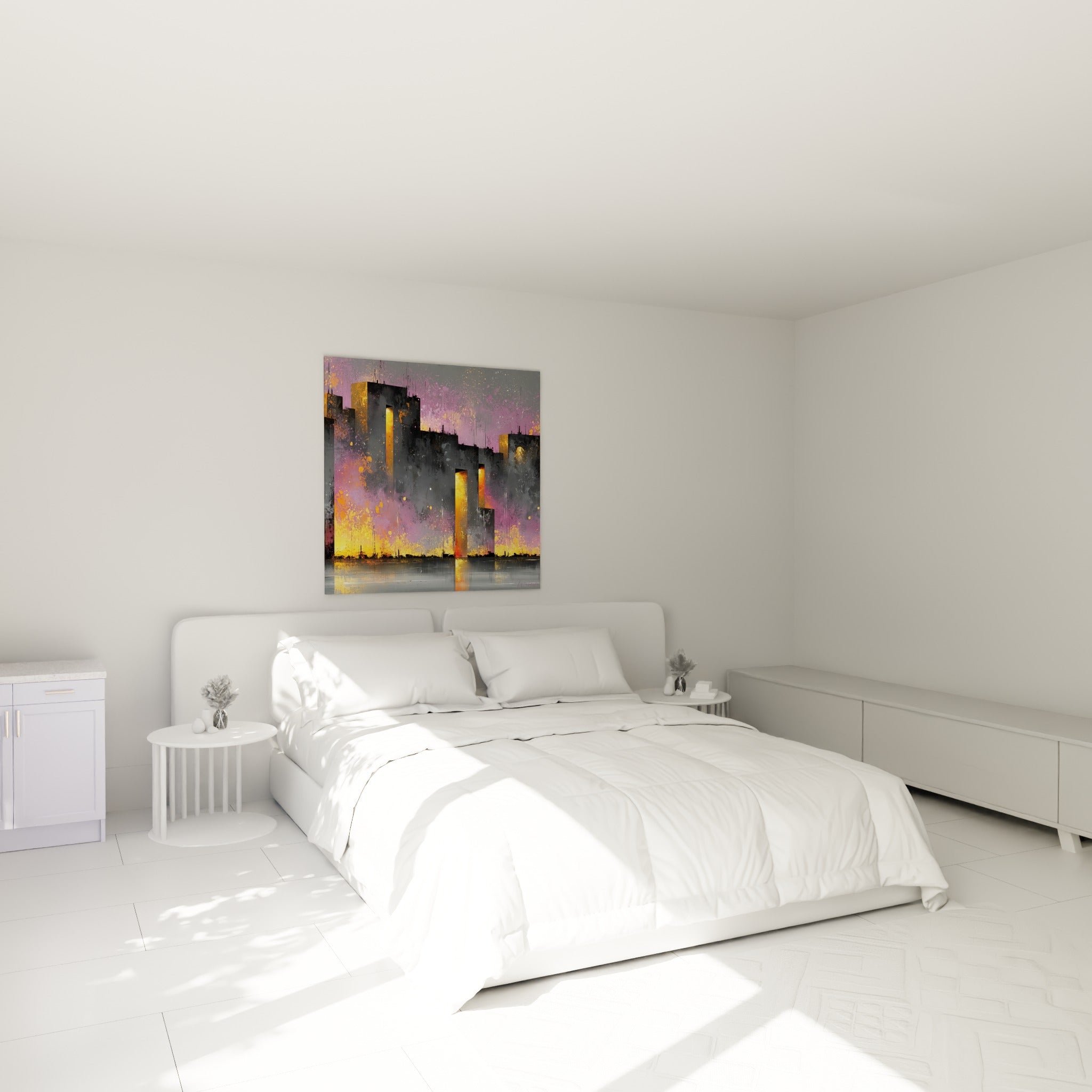 Tours dorées et grises de ce tableau architecture abstrait au-dessus d'un lit dans une chambre claire