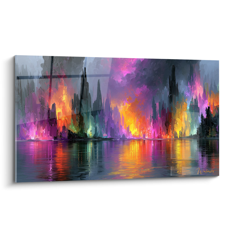 Tableau Skyline urbaine violette et orangée nocturne - Ville en flammes - Edition Architecture abstrait