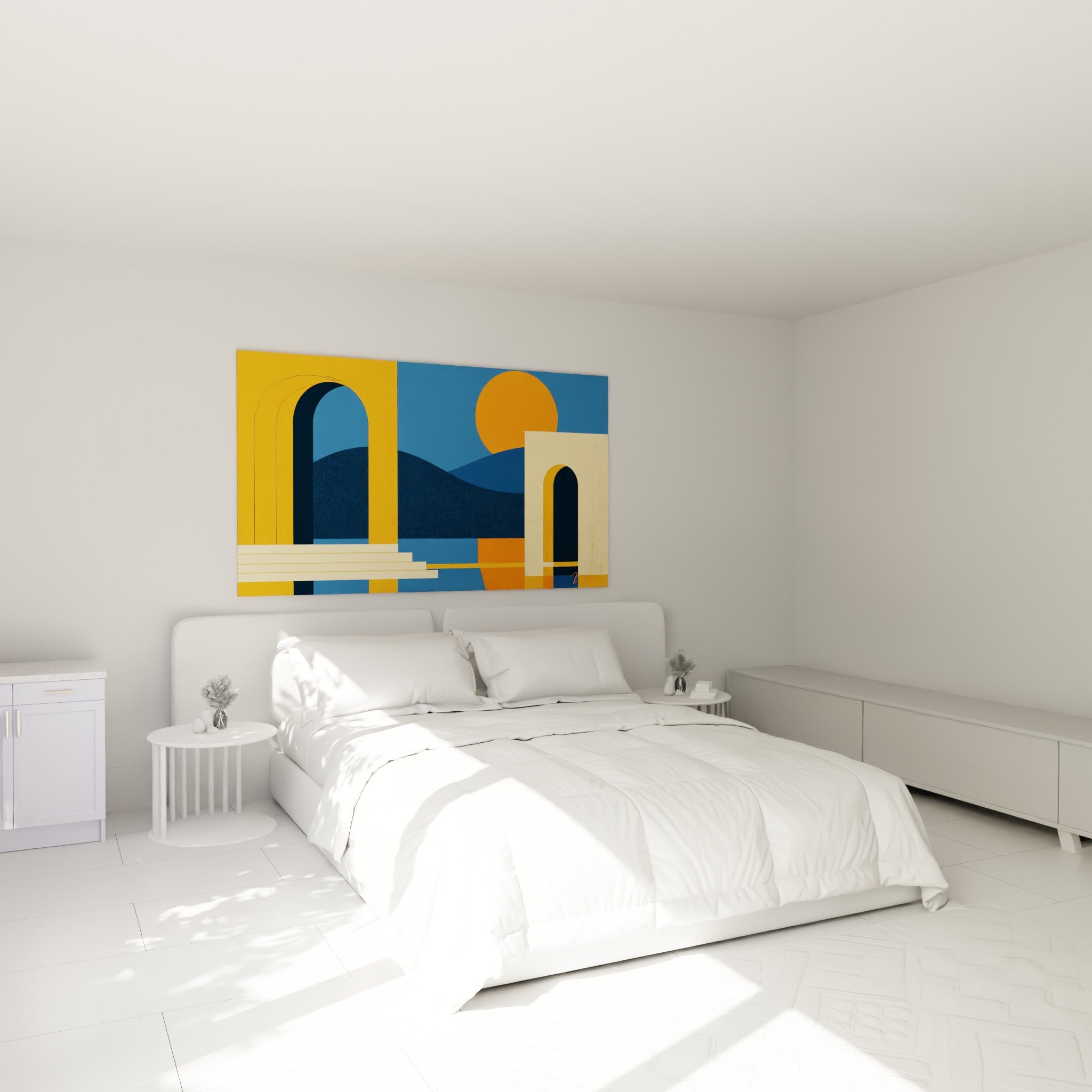 Portails géométriques ocre et bleu marine composent ce tableau architecture abstraite au-dessus d'un lit dans une chambre claire
