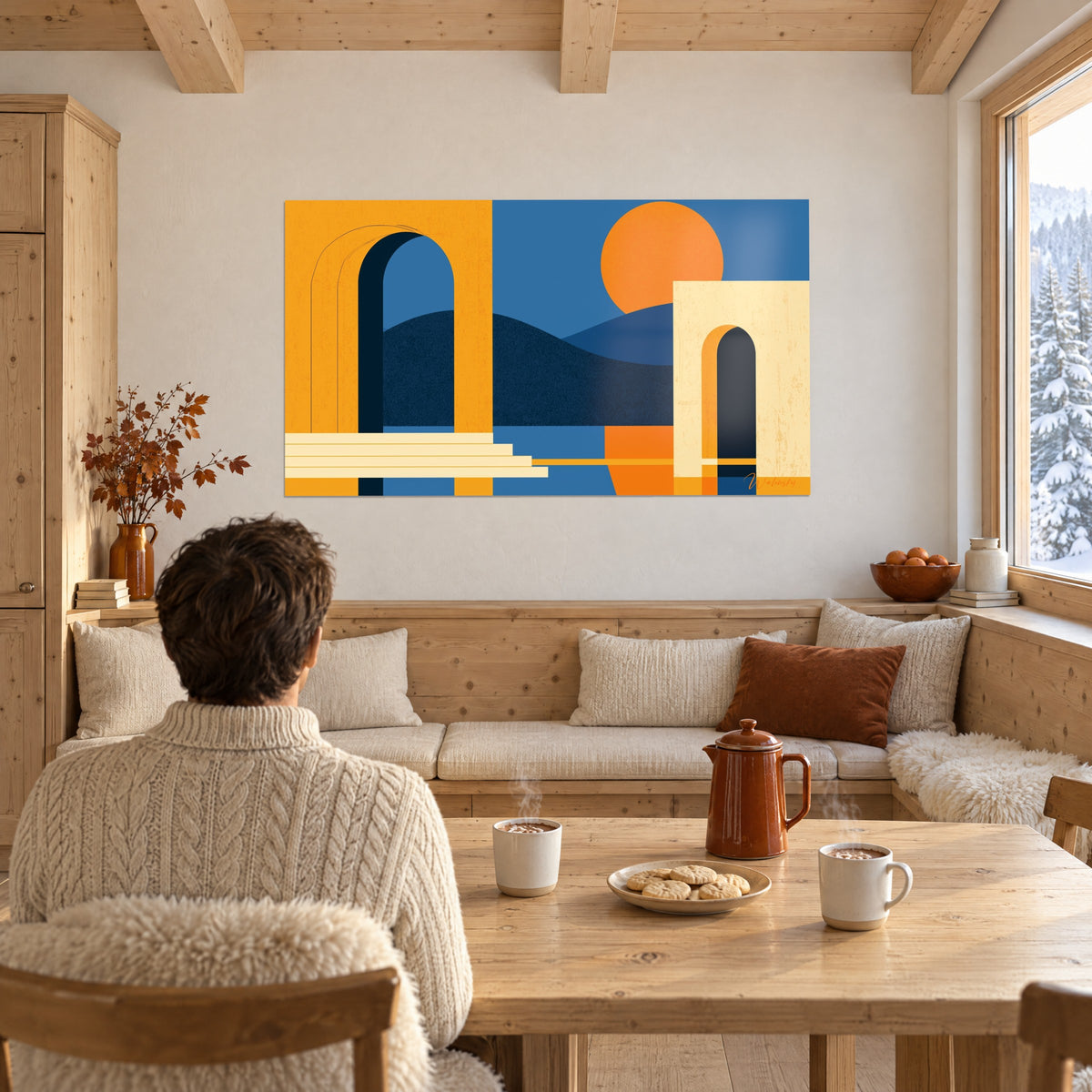 Tableau composition d'arcades jaune ocre et crème sur fond bleu, soleil orange, personne de dos près d'une table de chalet