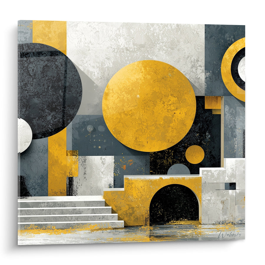 Goldene Sphäre an der anthrazitfarbenen Treppe - Geometrischer Traum - Architektur-Edition abstrakt