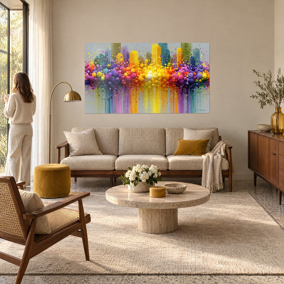 Tableau gratte-ciel jaune éclatant, sphères violettes et orange ruisselantes, silhouette de dos, au-dessus d'un canapé dans un salon lumineux