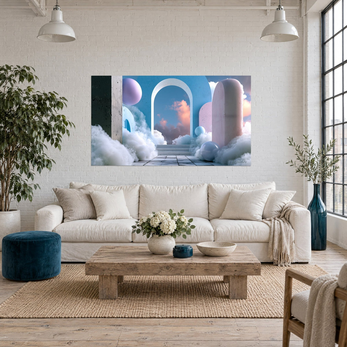 Tableau arche blanche ouvrant sur un ciel rose et bleu, sphères mauves et nuages épais, au-dessus d'un canapé dans un salon lumineux