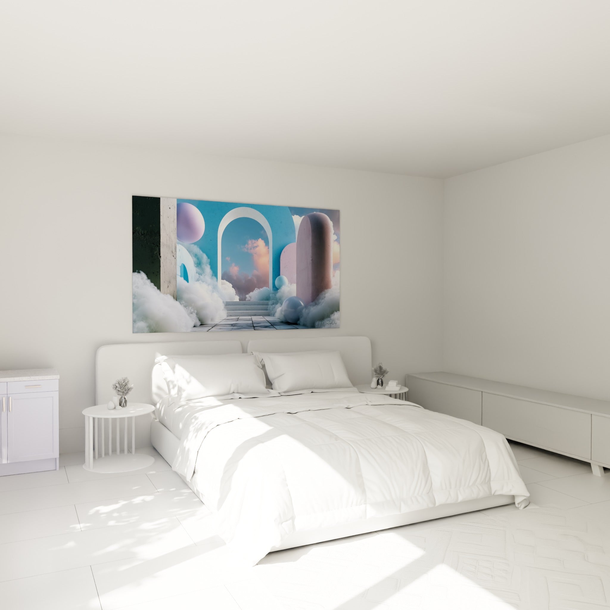 Passage voûté entouré de nuages cotonneux et sphères roses, au-dessus d'un lit dans une chambre claire