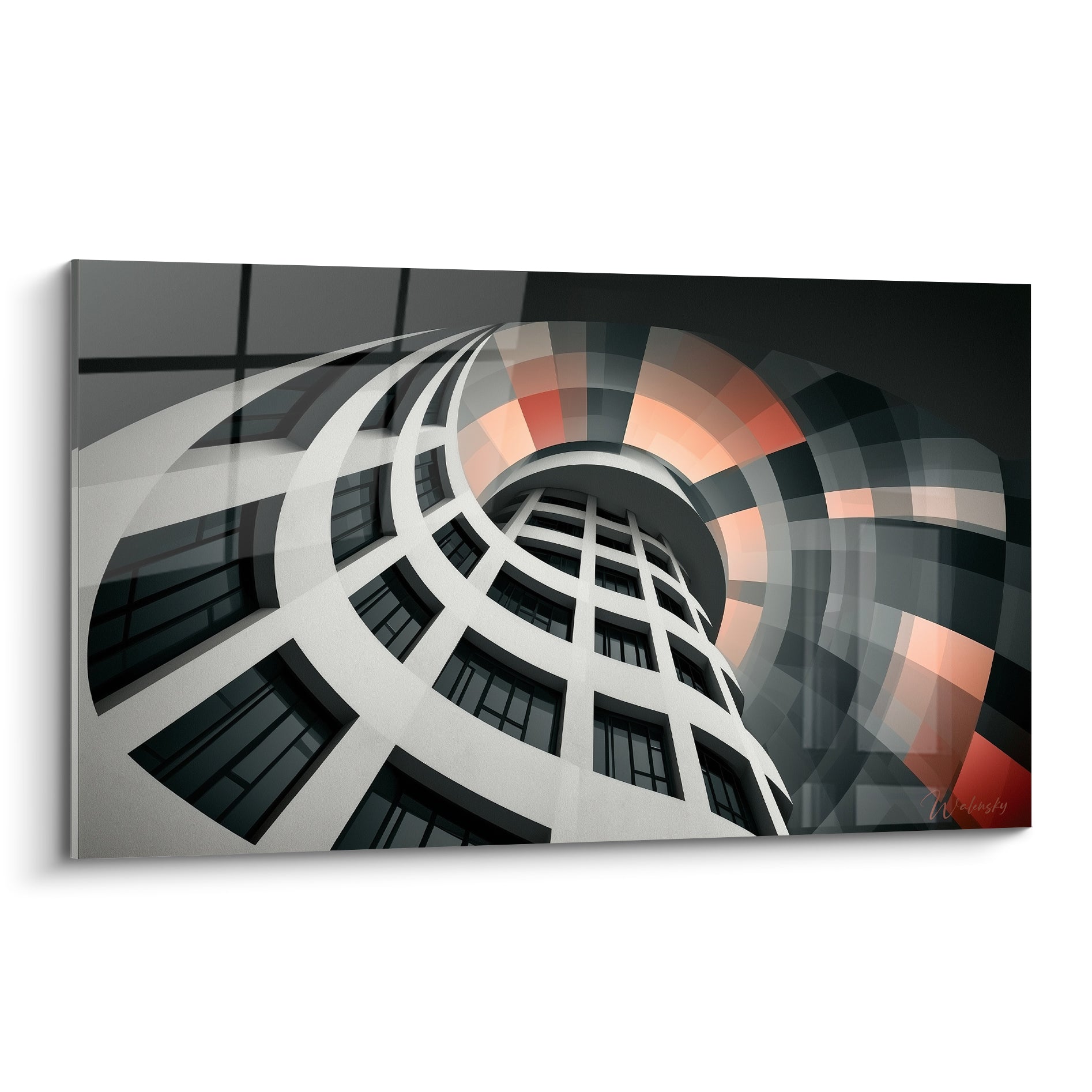 Immeuble en spirale blanc et anthracite avec cercle orangé central, architecture abstraite vertigineuse