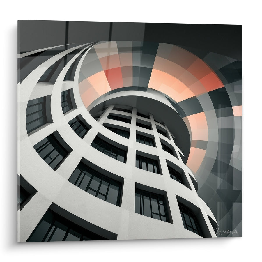 Gemälde Gebogenes Gebäude weiß und orangefarben Spirale - Aufwärtsrausch - Architektur Edition Abstrakte Kunst