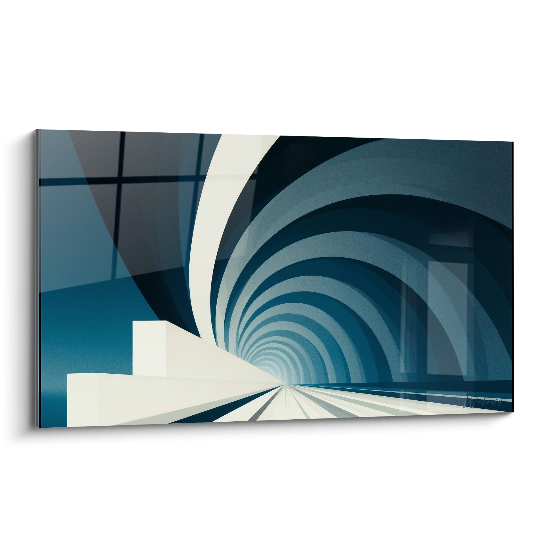 Spirale bleu marine et blanc cassé en tunnel architectural abstrait, effet de profondeur vertigineux