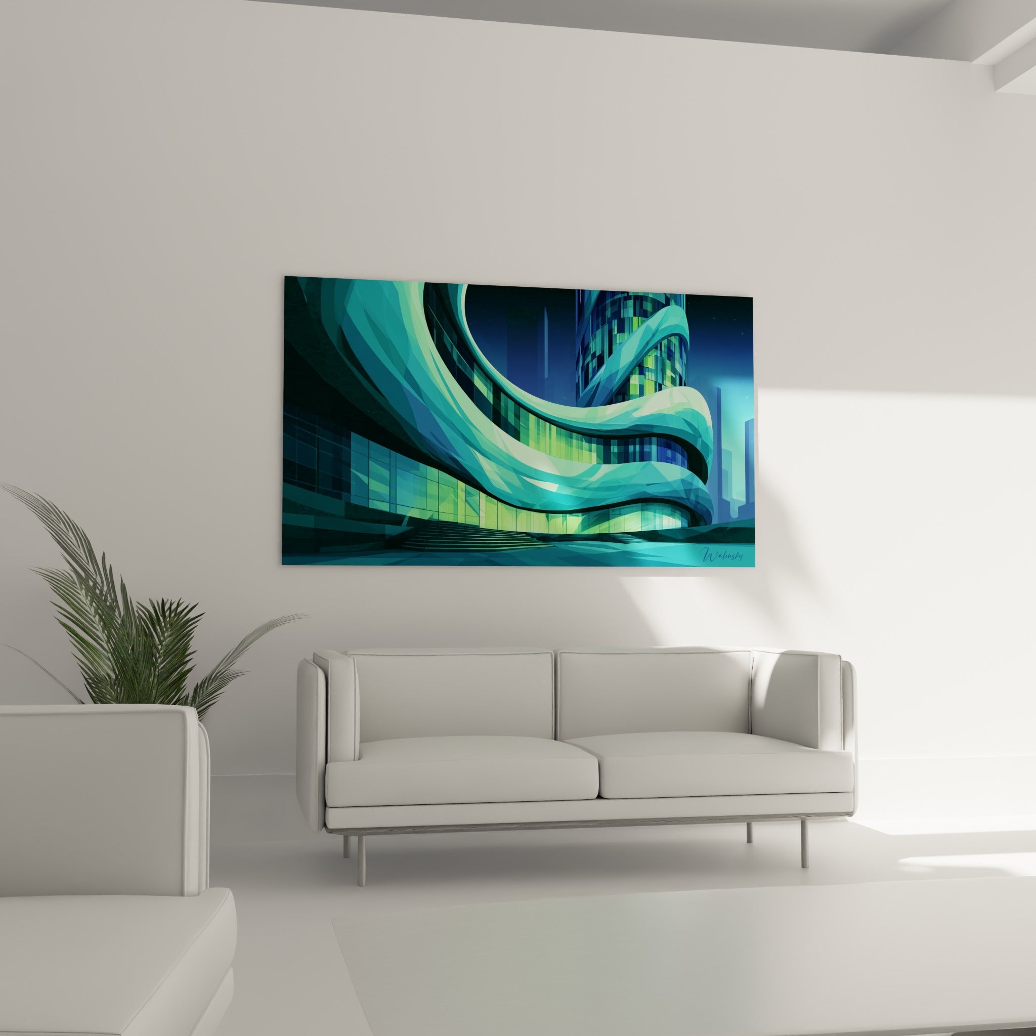 Structure architecturale bleu marine et vert acidulé en spirale, au-dessus d'un canapé dans un salon lumineux