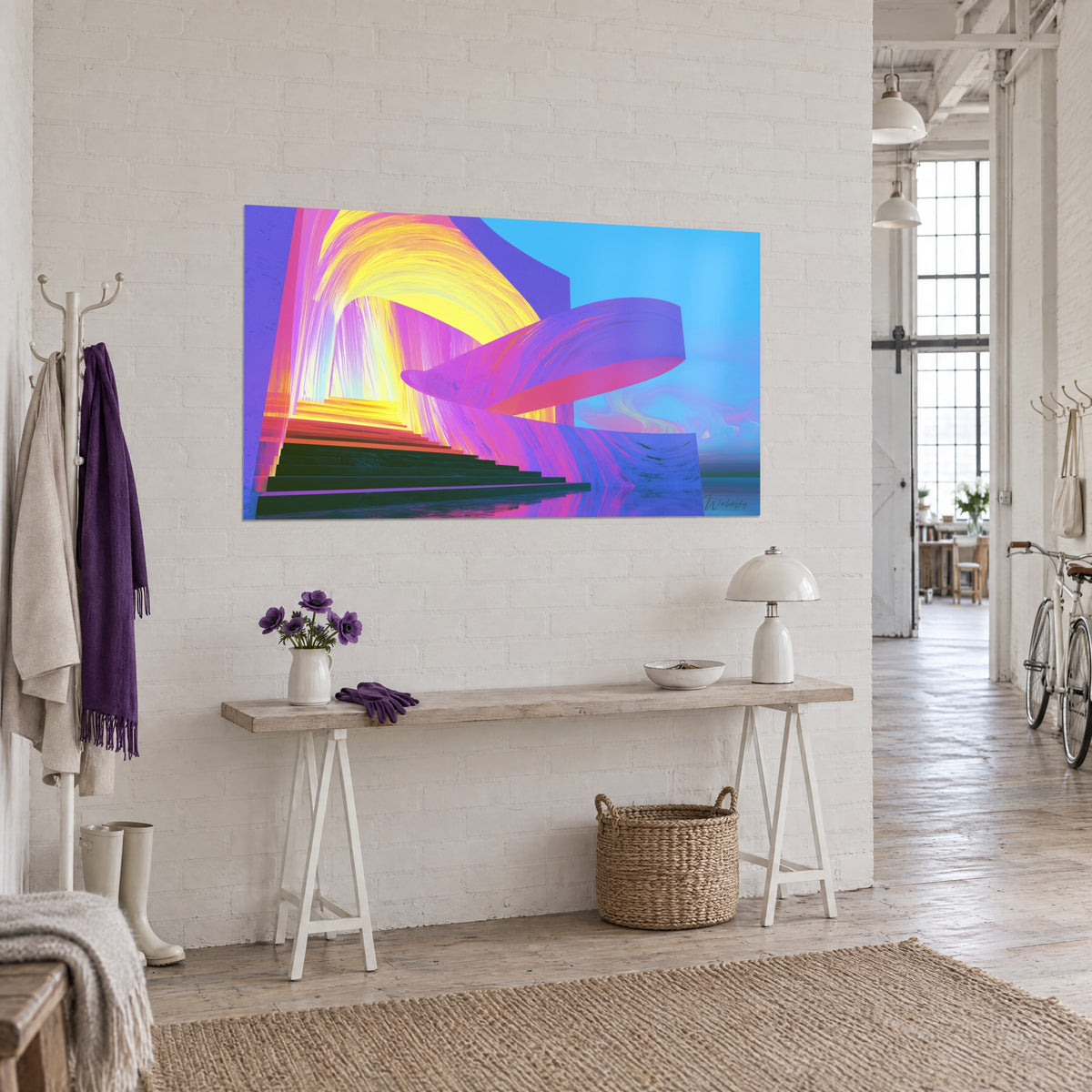 Gemälde surreale Architektur mit violetten und rosa Schwüngen, leuchtend gelber Durchgang und türkisfarbener Himmel, Dreiviertelansicht auf eine Konsole
