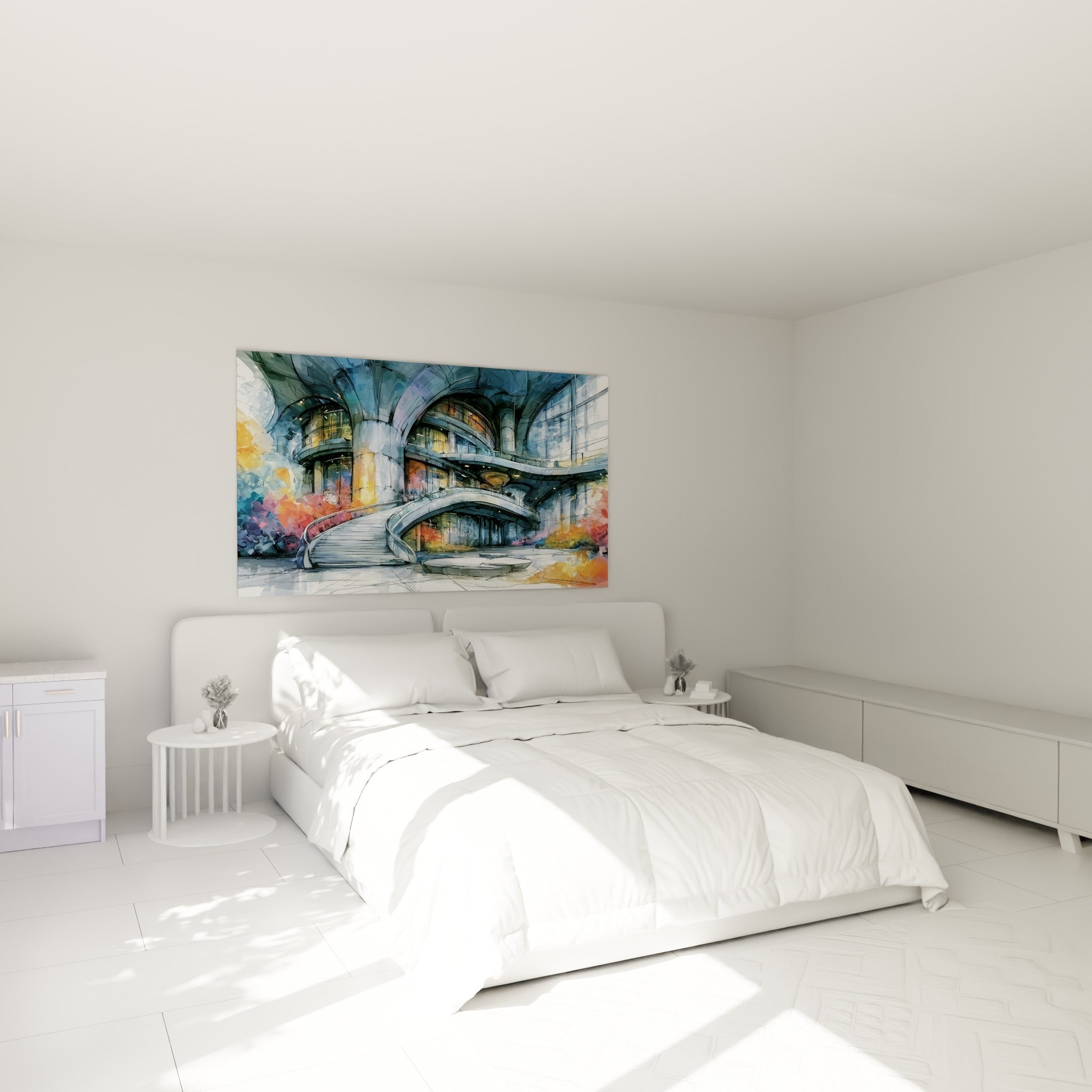 Structure vitrée bleu ardoise et éclats orangés, tableau architecture abstraite au-dessus d'un lit dans une chambre claire