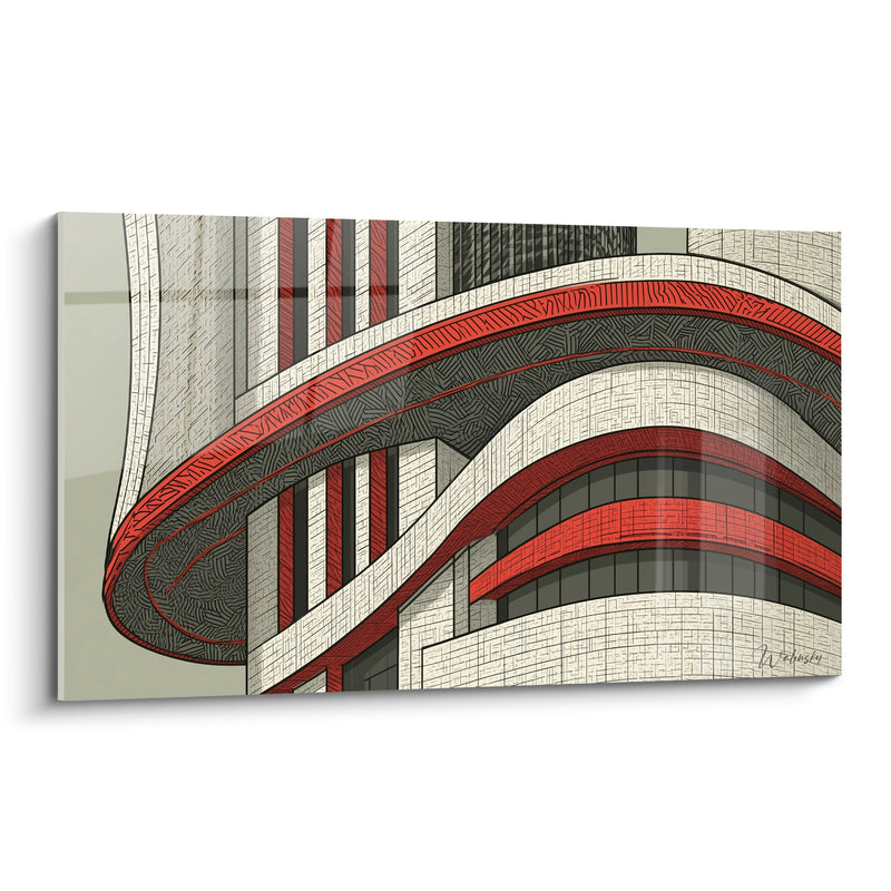 Tableau Musée blanc aux courbes rouges - Spirale en mouvement - Edition Architecture abstrait
