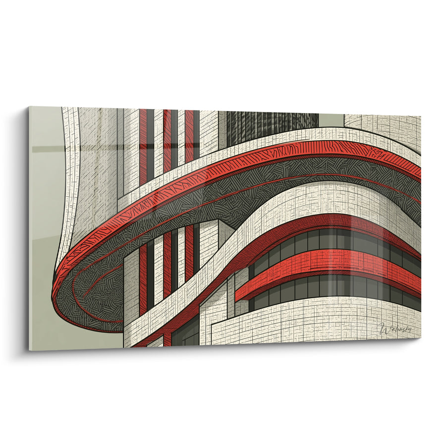 Tableau Musée blanc aux courbes rouges - Spirale en mouvement - Edition Architecture abstrait