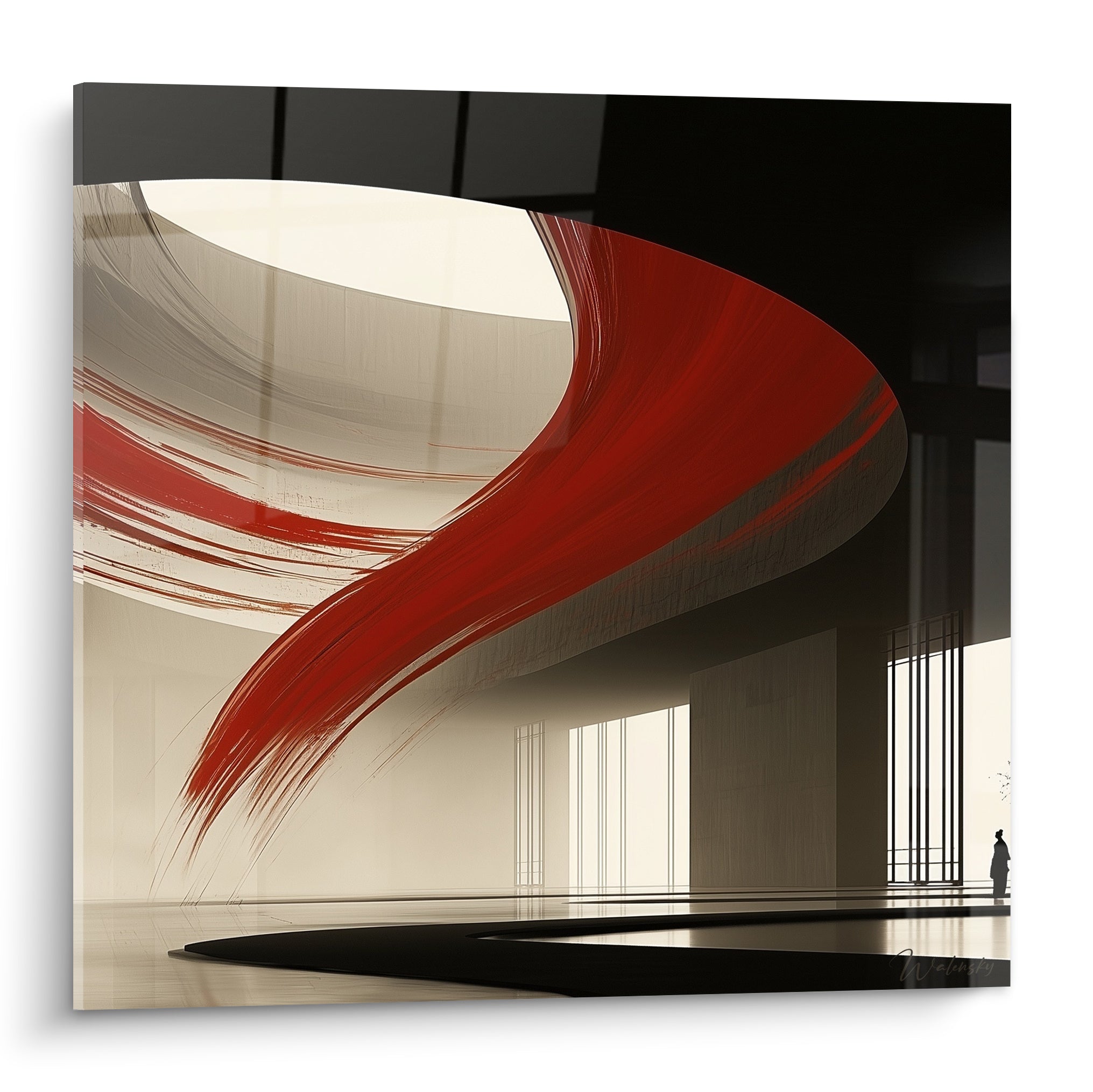 Spirale rouge fauve et beige sur architecture abstrait, silhouette lointaine dans un hall anthracite