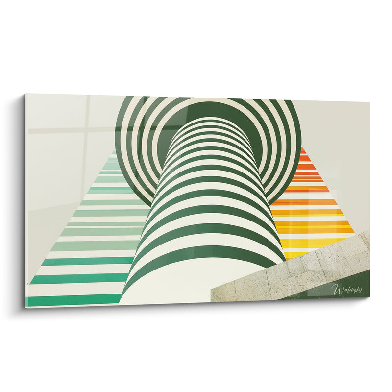 Tableau Tour cerclée verte et blanche entre triangles colorés - Escalier de pierre latéral - Edition Architecture abstrait