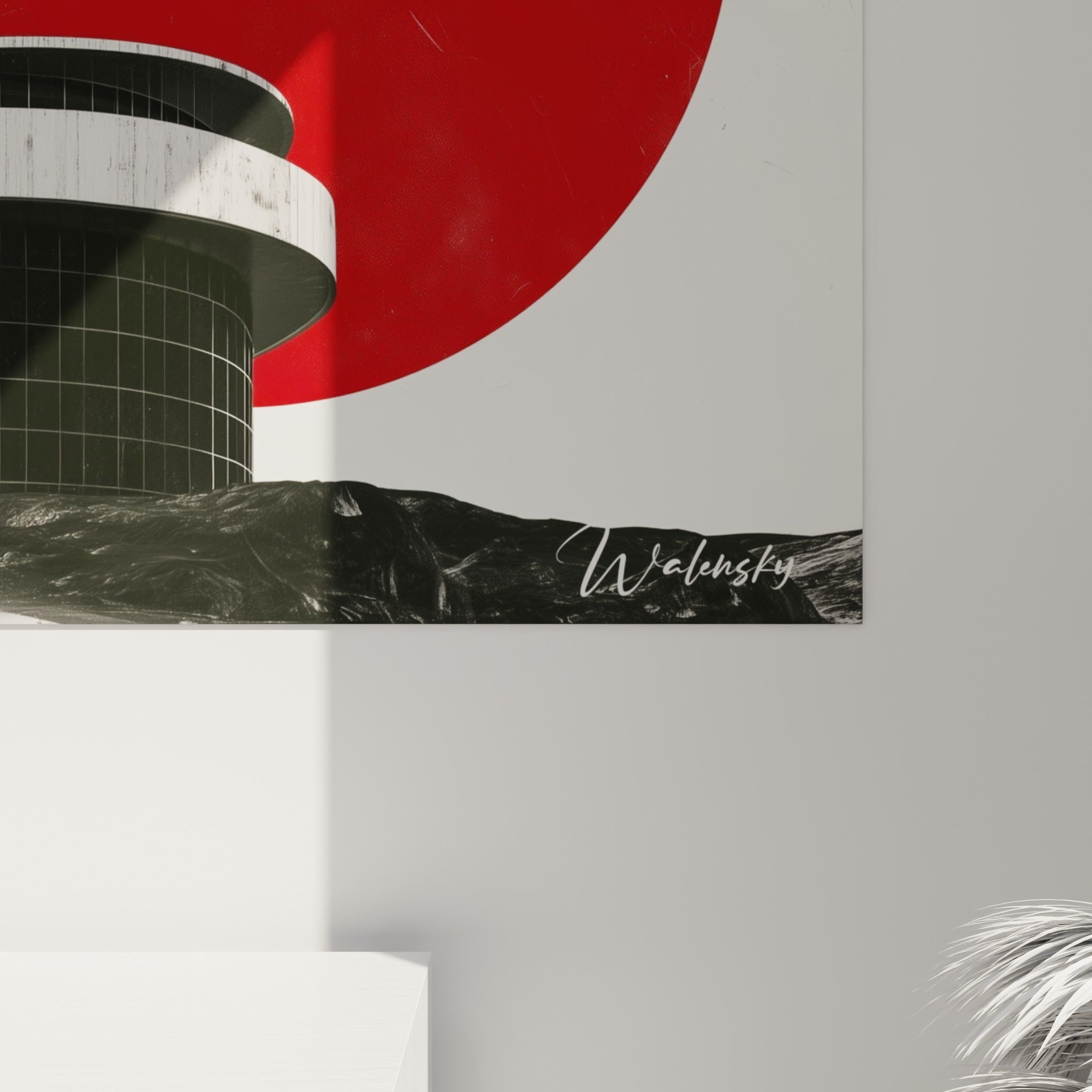 Détail des stries noires et blanches et du grain rouge carmin sur ce tableau architecture abstrait accroché