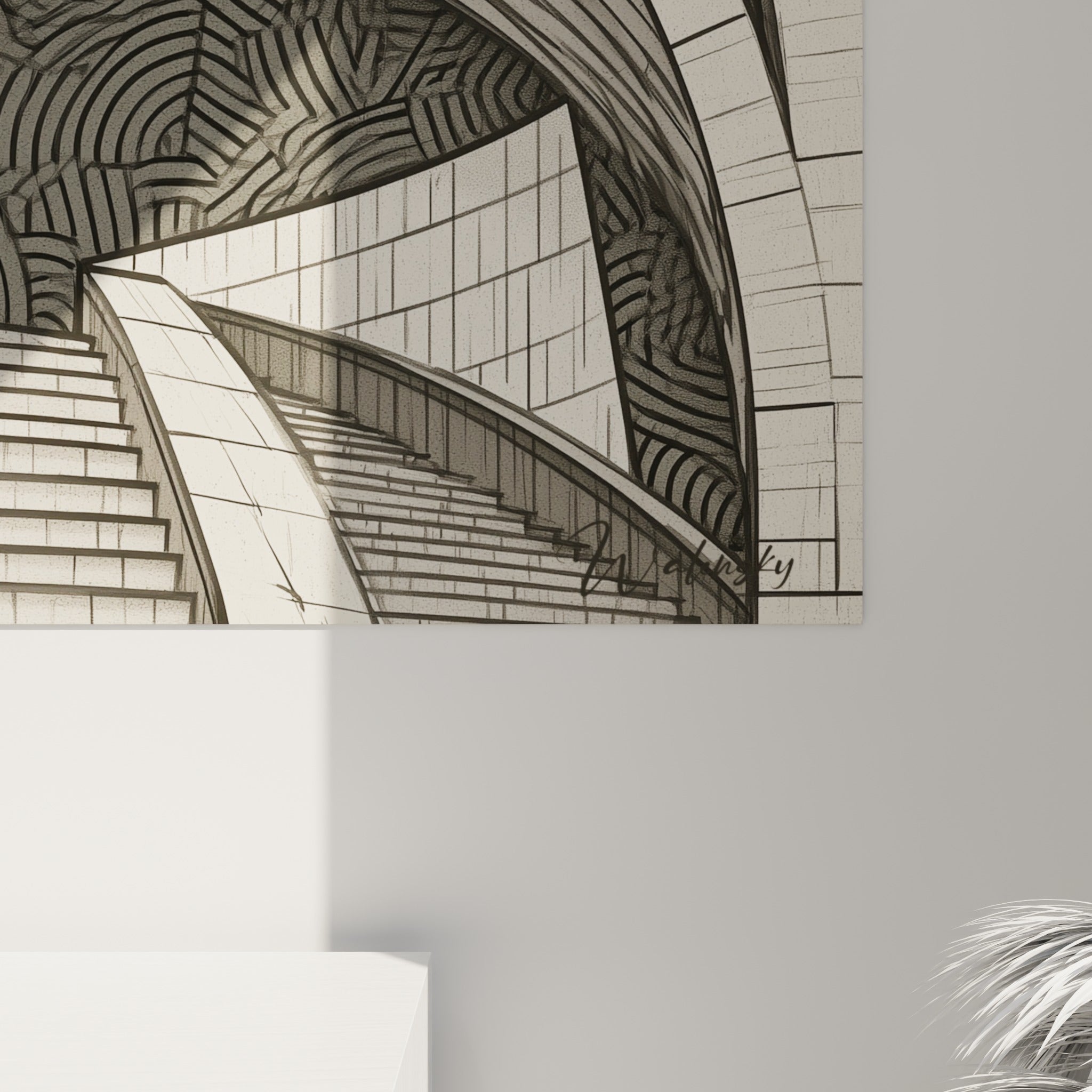 Détail des stries anthracite et blanches de la voûte, grain et relief visibles sur ce tableau architecture abstrait