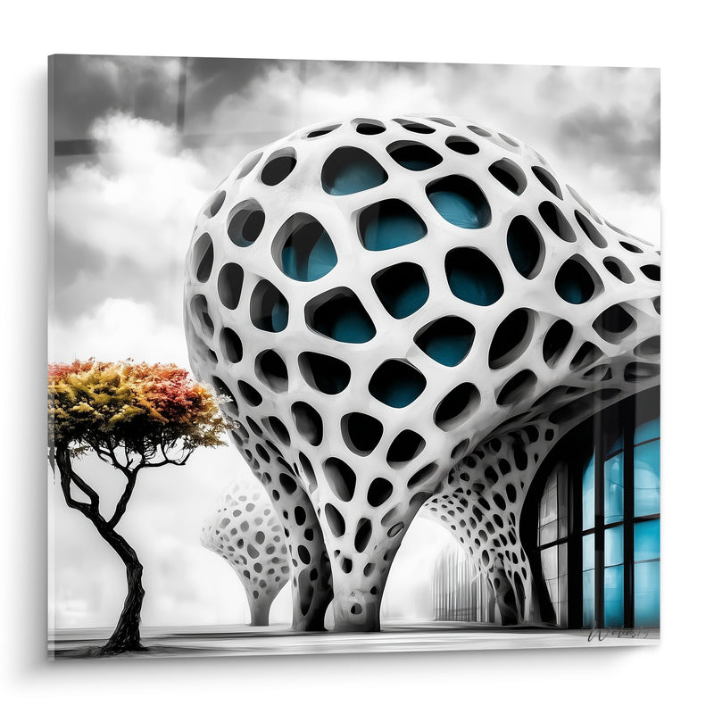 Leinwand Strukturierte weiße Waben mit türkisfarbenen Reflexionen - Fusion organische futuristische - Edition Architektur abstrakt