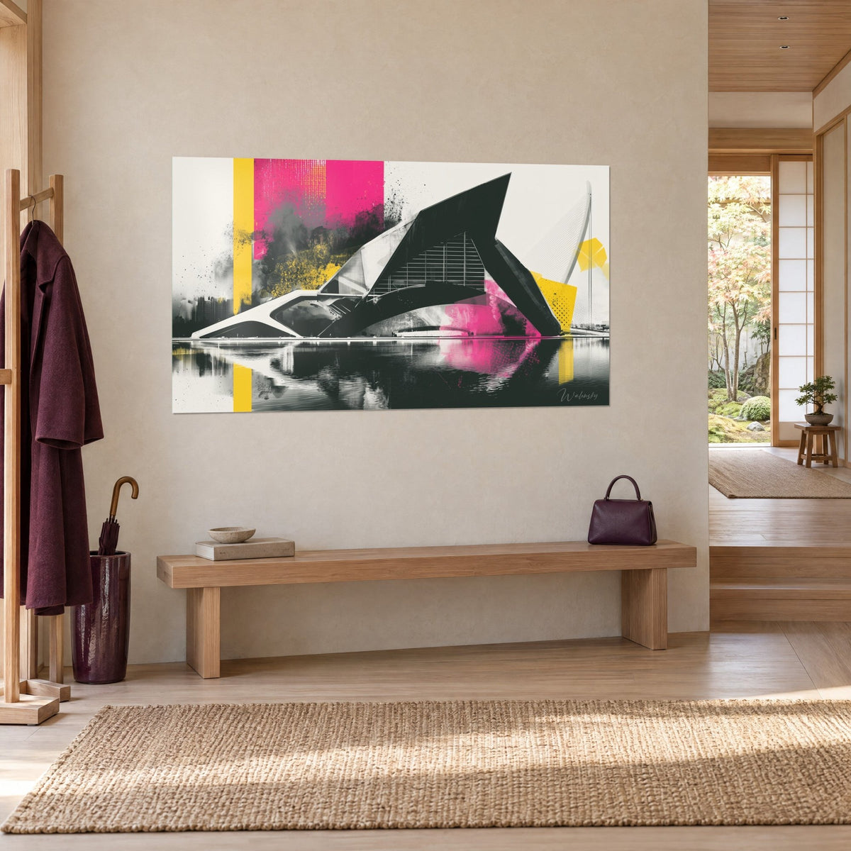 Quadro tetto in cemento come una vela nera con cavo bianco, schizzi rosa e gialli, riflesso nell'acqua, vista di tre quarti su un muro beige