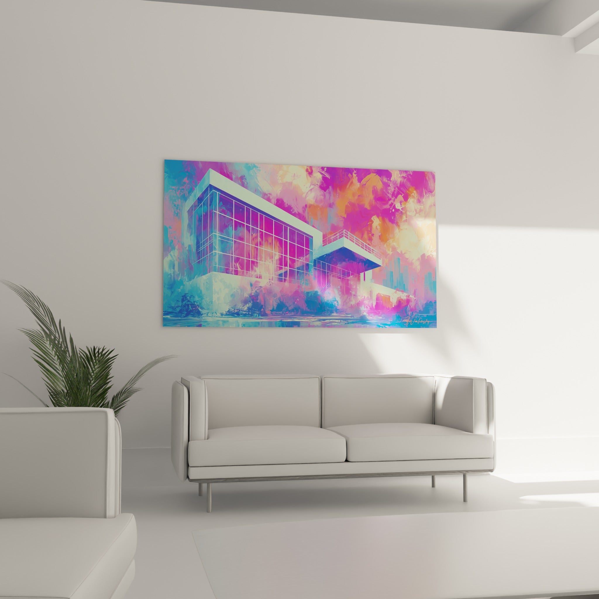 Structure géométrique blanche baignée de rose et violet, au-dessus d'un canapé dans un salon lumineux